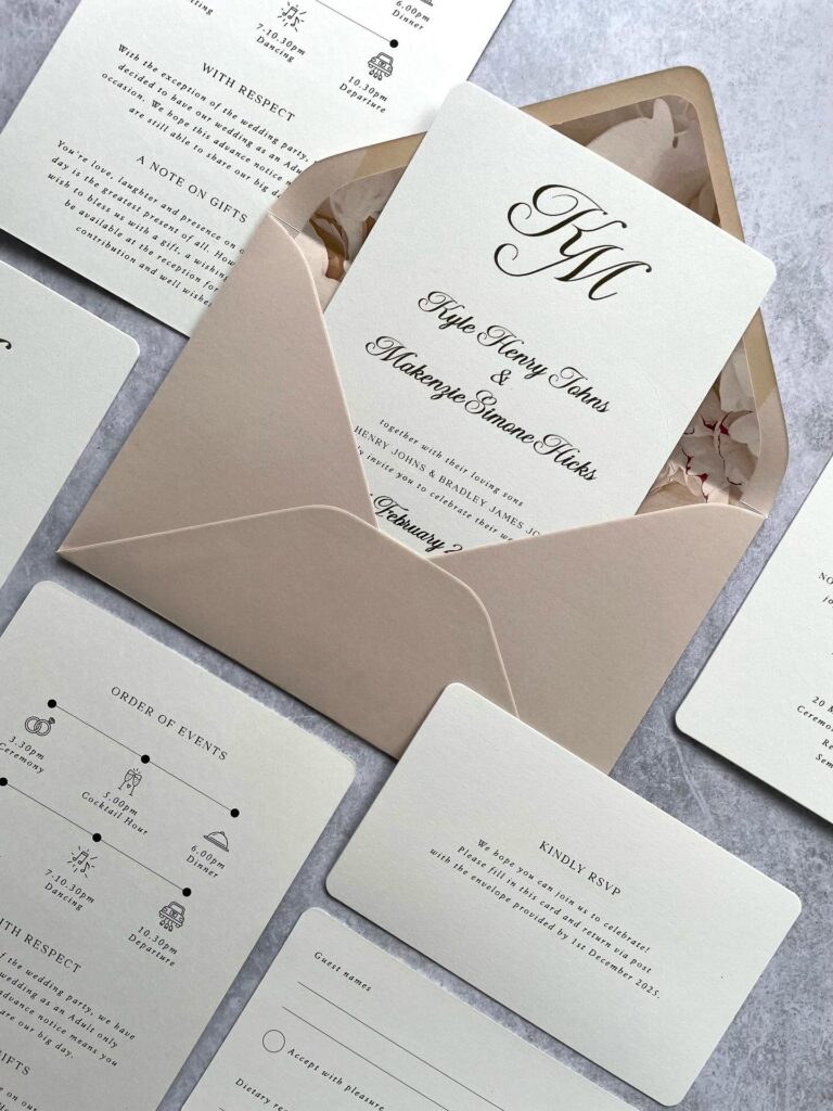 Wedding invitation suite with ivory cards and blush envelope, featuring elegant black script monogram and cursive names.