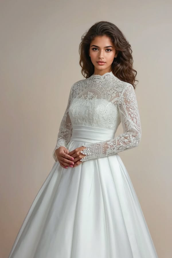 494539021_1104171301732087_8294530547640888523_n - I do I do Gippsland Bride in a white lace, long-sleeve wedding dress with a high neckline and full satin skirt, posing against a neutral background.