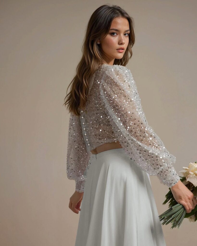 499408395_18500374345025808_2770937004363788803_n - I do I do Gippsland Woman in a glittery, sheer silver blouse over a white skirt, holding a bouquet of pale flowers, posed against a neutral backdrop.