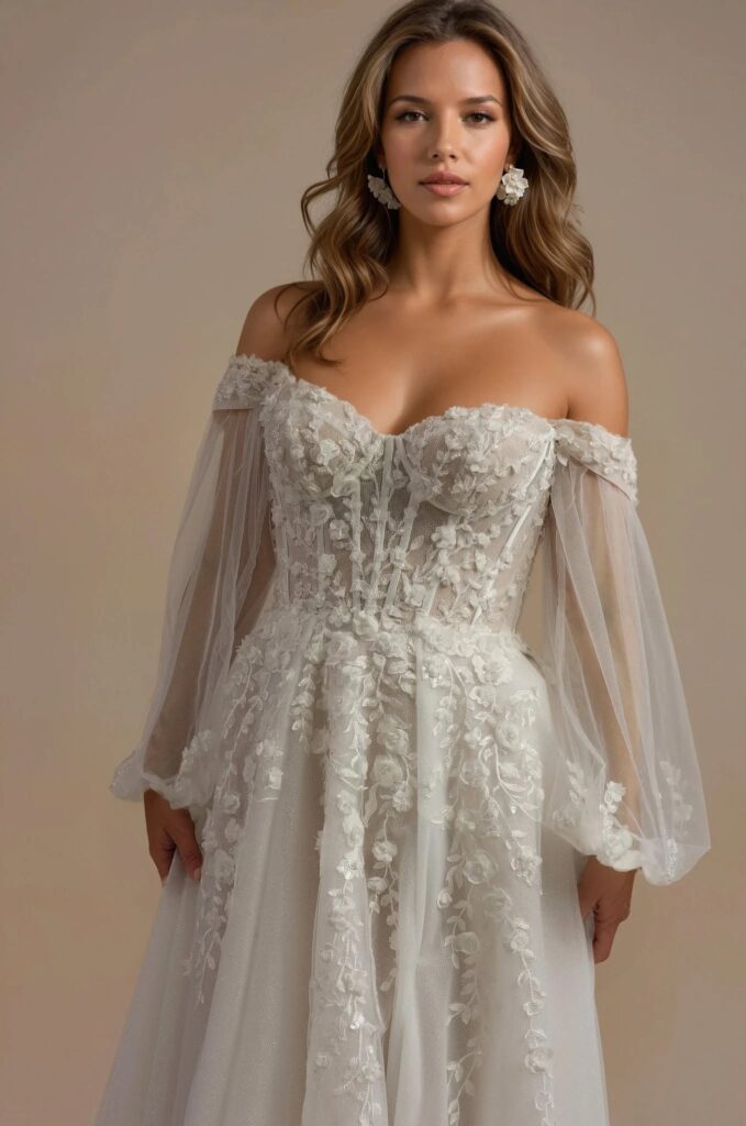 520698160_1162948209187729_1750439386868120827_n - I do I do Gippsland Bride in an off-shoulder ivory wedding dress with floral lace appliqués, posing against a neutral backdrop.