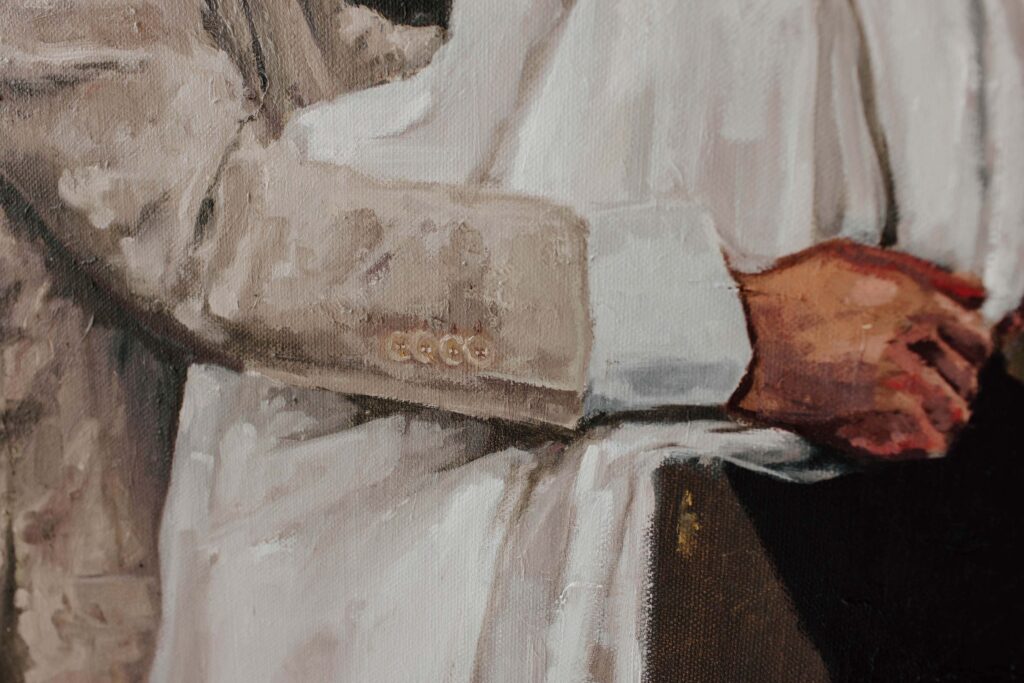 Kewish-31 | I do I do Gippsland Close-up of a textured painting with pale beige and gray brushstrokes; a small, indistinct signature appears near the bottom center of the canvas.