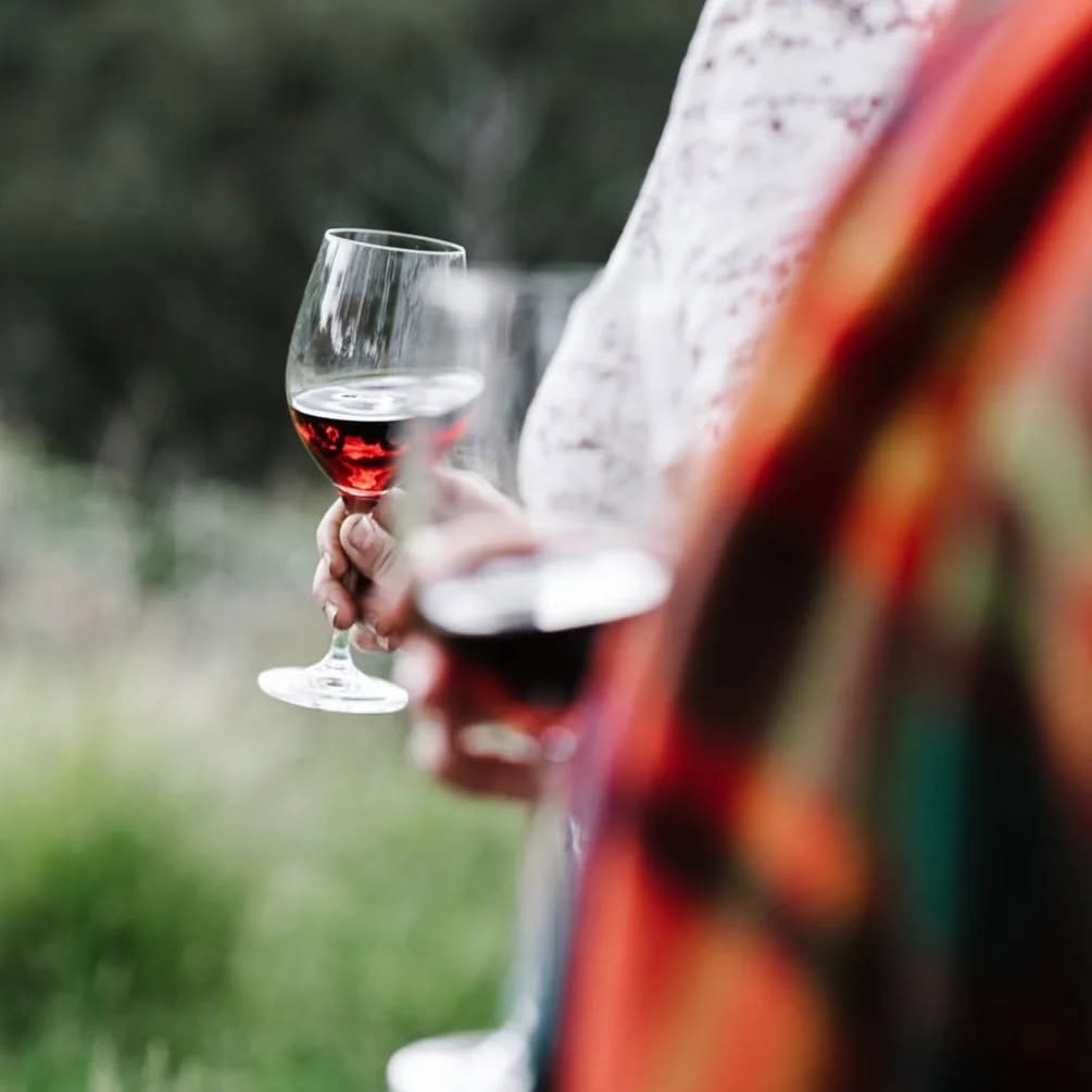488660105_1234236871782687_1598651851172876324_n | I do I do Gippsland Two people hold wine glasses with red wine outdoors, blurred colorful fabric in foreground, suggesting a outdoor tasting or gathering.