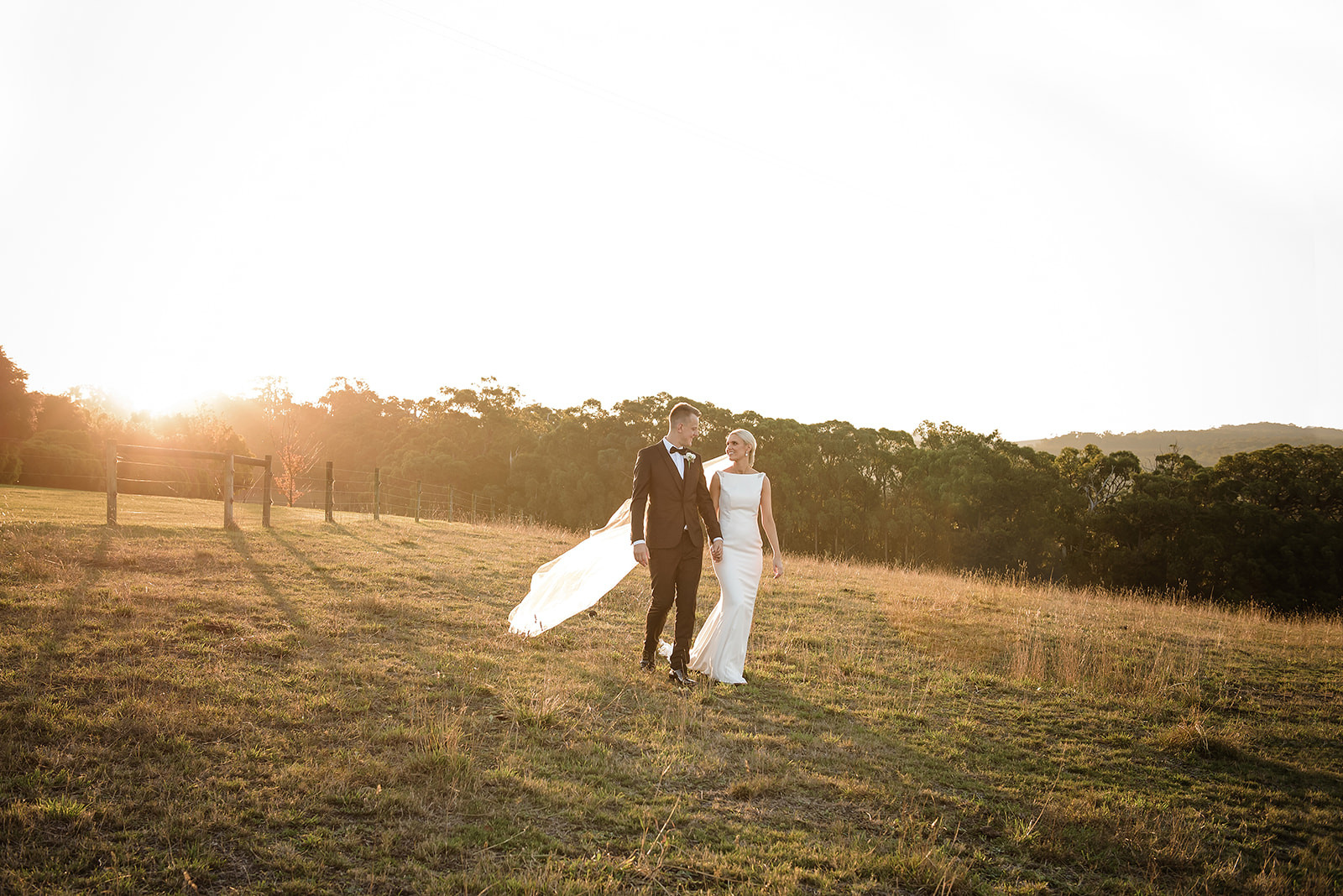 Carrajung Estate | I do I do Gippsland Bride in a white gown and groom in a dark suit walk hand in hand across a sunlit field at sunset. (informative)
