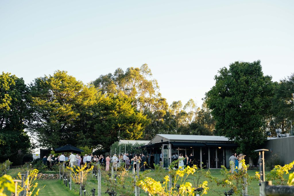 Taylah and Daniel | I do I do Gippsland Group of guests mingling outside a modern venue, with a garden and yellow flowers in the foreground and tall trees in the background; clear sky above.